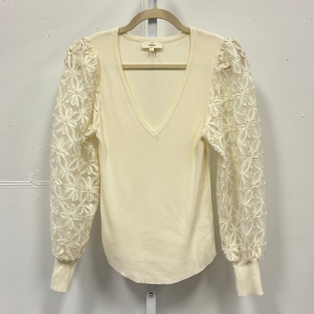 Entro Cream Ribbed V-Neck Sweater‎ Floral Lace Balloon Sleeve Top T19885 Large